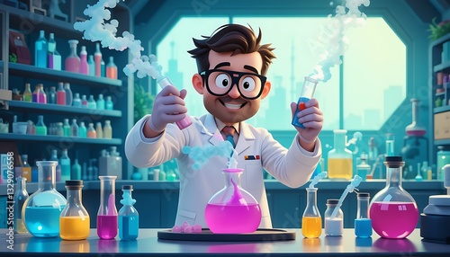 Cartoon Scientist Mixing Colorful Chemicals in Lab - Fun Science Illustration