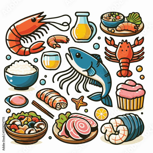 seafood, fish, restaurant, food, menu, dinner, sea, sketch, ocean, fresh, illustration, vector, vintage, market, shellfish, octopus, ink, meal, gourmet, shrimp, lobster, drawing, design, background, c