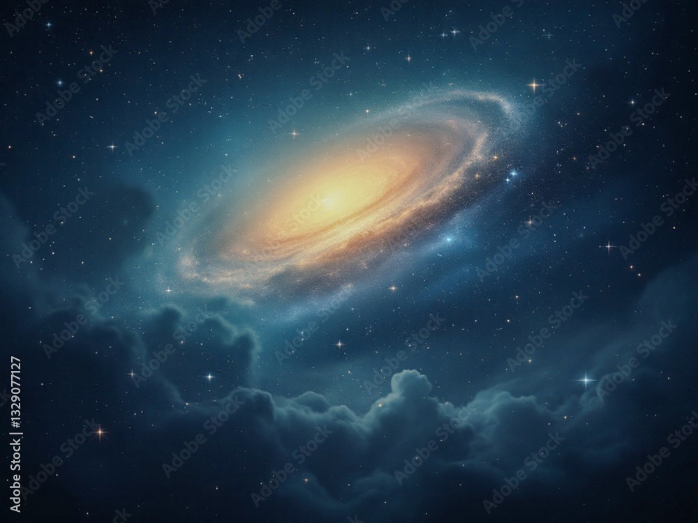 Spiral Galaxy with Glowing Stars in Deep Space, Cosmic Scene Spiral Galaxy with Glowing Stars in Deep Space, Cosmic Scene