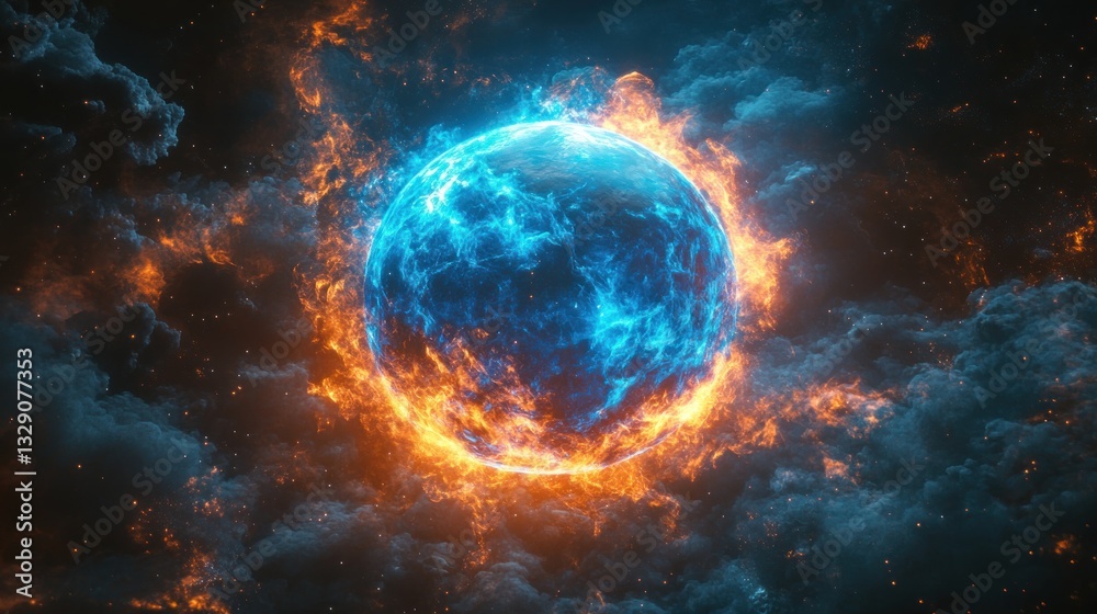 Obraz premium Fiery, icy planet engulfed in flames and frost, cosmic nebula backdrop.