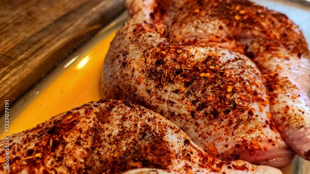 Close-up view of a full roast chicken with thighs drumsticks recipe preparation with herbs seasoning and spices in glassware on kitchen bench top poultry meat food produce ingredients flavour meal