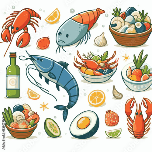 seafood, fish, restaurant, food, menu, dinner, sea, sketch, ocean, fresh, illustration, vector, vintage, market, shellfish, octopus, ink, meal, gourmet, shrimp, lobster, drawing, design, background, c