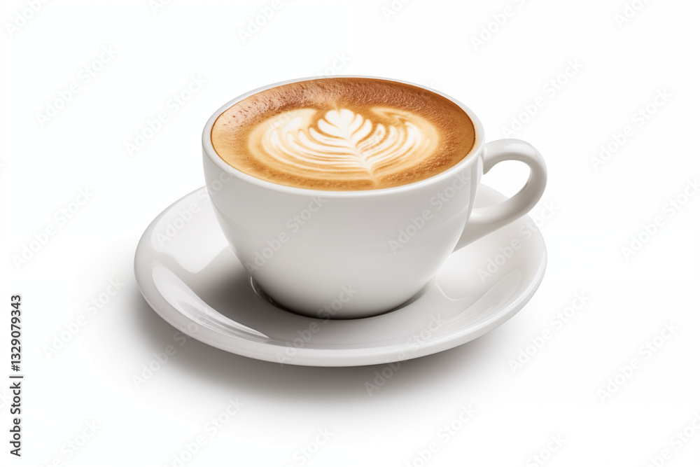 A freshly brewed cappuccino served in a cup, placed on a clean white background. The rich coffee crema and delicate milk foam create a visually appealing contrast, perfect for coffee-related branding. A freshly brewed cappuccino served in a cup, placed on a clean white background. The rich coffee crema and delicate milk foam create a visually appealing contrast, perfect for coffee-related branding.