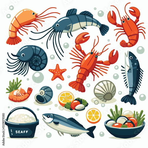 seafood, fish, restaurant, food, menu, dinner, sea, sketch, ocean, fresh, illustration, vector, vintage, market, shellfish, octopus, ink, meal, gourmet, shrimp, lobster, drawing, design, background, c