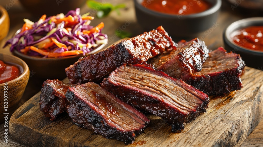 Fototapeta premium Brisket food concept. Tender smoked brisket arranged neatly on a wooden board