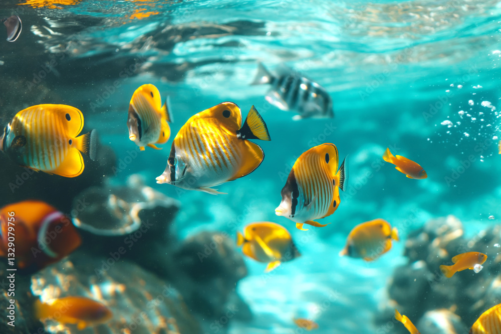 Fototapeta premium A vibrant underwater scene featuring various tropical fish, highlighting the mesmerizing colors of marine life.