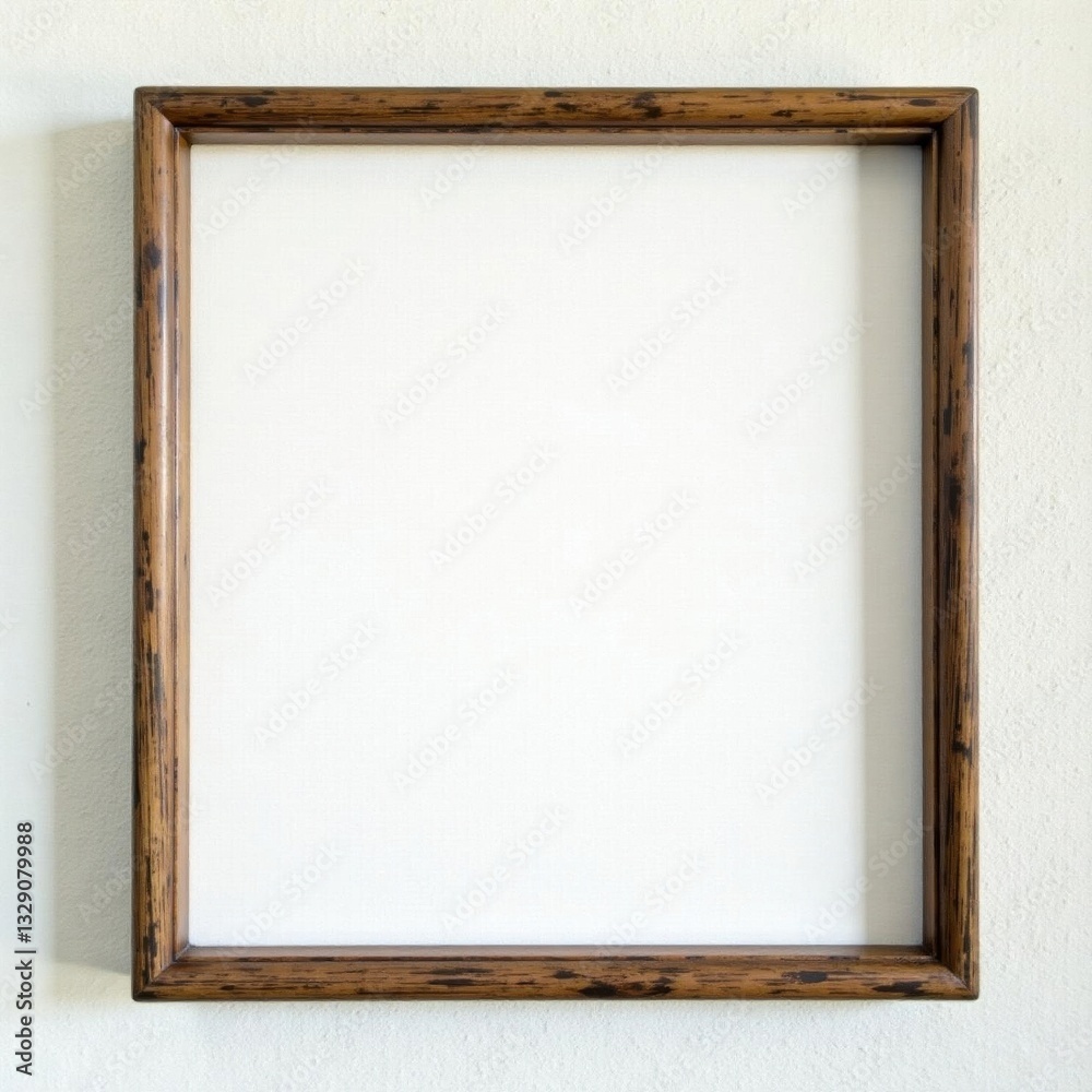 Fototapeta premium Distressed horizontal wooden frame, empty canvas space Clean white background , isolated, narrow, art