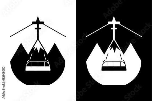 Mountain Top Gondola Silhouette Vector Icon Black and White Design.