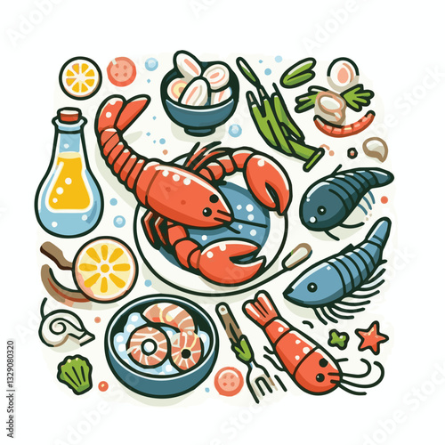 seafood, fish, restaurant, food, menu, dinner, sea, sketch, ocean, fresh, illustration, vector, vintage, market, shellfish, octopus, ink, meal, gourmet, shrimp, lobster, drawing, design, background, c