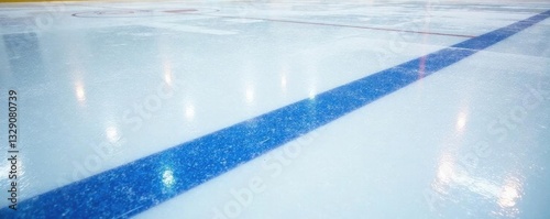 Elevated view of painted blue line on an ice rink, winter background, boundary, surface