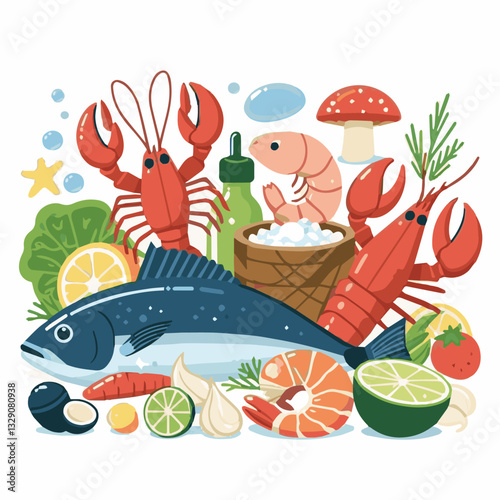 seafood, fish, restaurant, food, menu, dinner, sea, sketch, ocean, fresh, illustration, vector, vintage, market, shellfish, octopus, ink, meal, gourmet, shrimp, lobster, drawing, design, background, c
