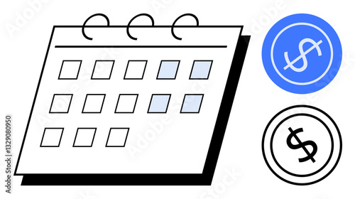 Calendar with selected dates and two dollar icons emphasizing financial planning needs. Ideal for budgeting, savings, bill tracking, scheduling, finance, deadlines, income planning. Flat simple