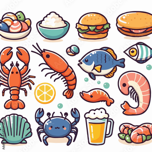 seafood, fish, restaurant, food, menu, dinner, sea, sketch, ocean, fresh, illustration, vector, vintage, market, shellfish, octopus, ink, meal, gourmet, shrimp, lobster, drawing, design, background, c