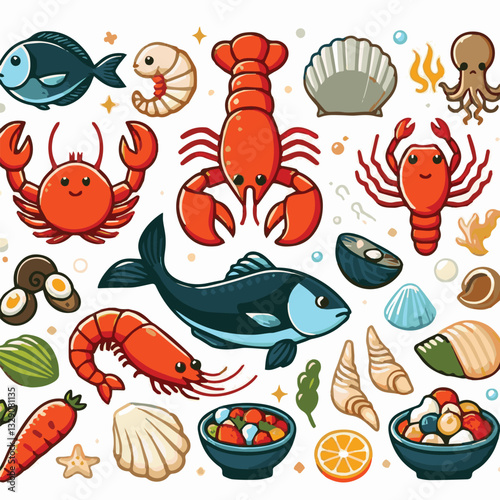 seafood, fish, restaurant, food, menu, dinner, sea, sketch, ocean, fresh, illustration, vector, vintage, market, shellfish, octopus, ink, meal, gourmet, shrimp, lobster, drawing, design, background, c