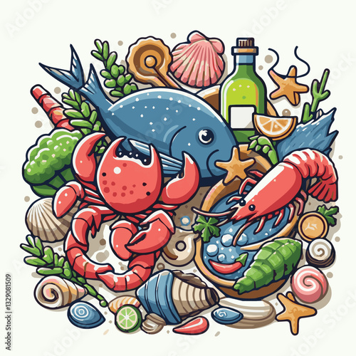 seafood, fish, restaurant, food, menu, dinner, sea, sketch, ocean, fresh, illustration, vector, vintage, market, shellfish, octopus, ink, meal, gourmet, shrimp, lobster, drawing, design, background, c
