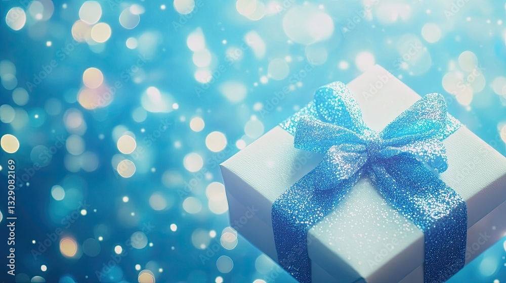 Fototapeta premium Gift Box with Blue Glitter Bow and Sparkling Bokeh Lights for Holiday, Christmas, or Celebration Theme on Soft Blue Background