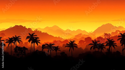 Serene sunset over a tropical landscape with silhouetted palm trees and distant mountain