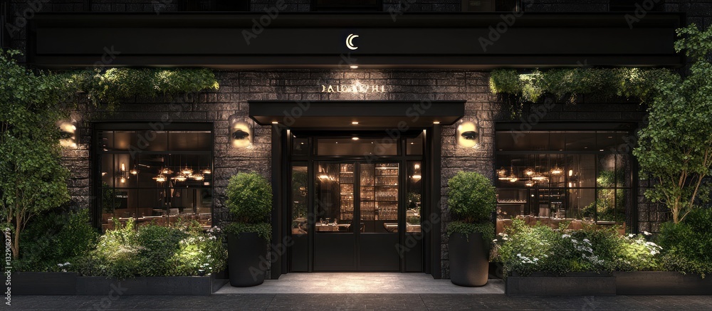 A modern restaurant entrance with brick walls and greenery displays A modern restaurant entrance with brick walls and greenery displays