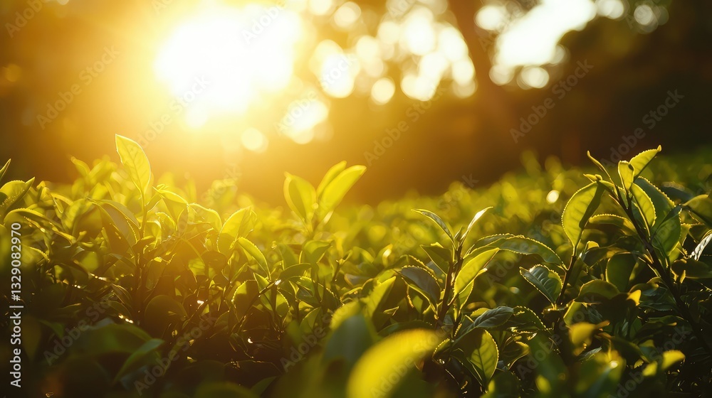 Obraz premium A tea plantation field with workers harvesting tea leaves, in golden sunlight