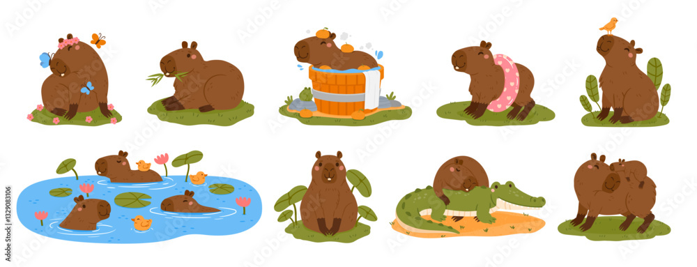 Obraz premium Cute capybaras. Cartoon capybara characters. Funny rodent in various poses and expressions. Animal swimming, playing, eating, relaxing. Kids happy mammal vector set