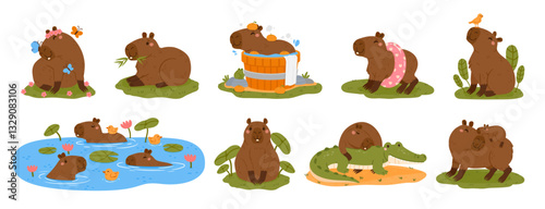 Cute capybaras. Cartoon capybara characters. Funny rodent in various poses and expressions. Animal swimming, playing, eating, relaxing. Kids happy mammal vector set