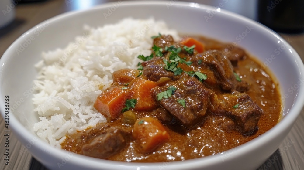 Delicious beef curry served with fluffy white rice, garnished with fresh herbs and vibrant vegetables in a bowl Delicious beef curry served with fluffy white rice, garnished with fresh herbs and vibrant vegetables in a bowl