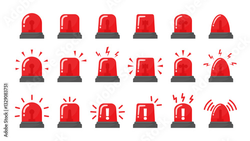 Emergency siren. Warning light sign. Alert device, flashing light on police car, fire truck, ambulance. Alarm light. Rescue flashing red light. Siren vector symbols