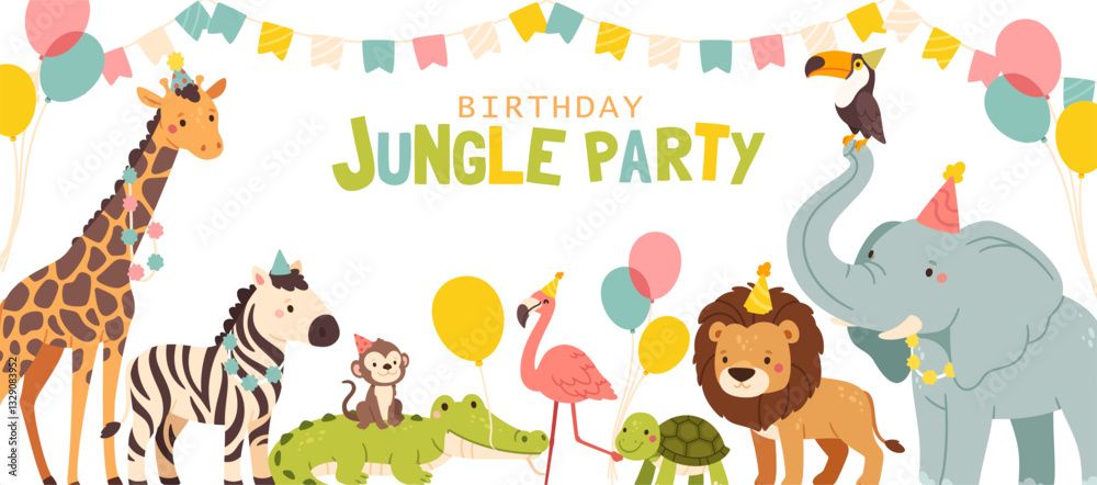 Obraz premium Birthday party jungle animal. Kids happy birthday banner. Children holiday background for celebration. Childish zebra, giraffe, lion, flamingo, monkey. Vector invitation