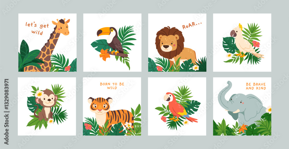 Naklejka premium Jungle animals posters. Cute Africa animals card. Funny baby wild lion, elephant, monkey, toucan, bird with leaves, flowers. Banner for kids room, kindergarten. Vector set