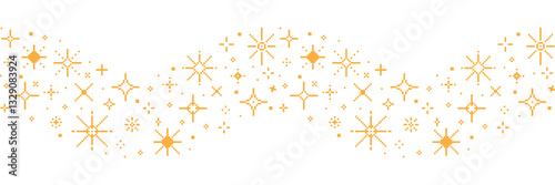 Pixel stars border. Seamless golden sparkle background. Retro game 8bit pixel wavy banner. Space glitter, sparkles for video games. Sky shining elements. Vector concept