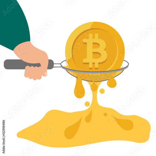 Liquid salary concept, income money. Bitcoin melting. Man holds sieve and sift  Bitcoin through a sieve. Finance and business icon. Vector illustration.