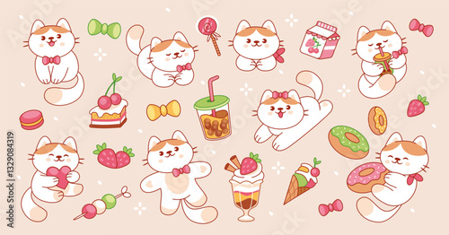 Cute cats with sweets. Cartoon kawaii cat and desserts. Tiny kittens, sweet treats, fruit drinks and sugar candy, cake. Kids animals for cafe and bakery on beige background. Vector set