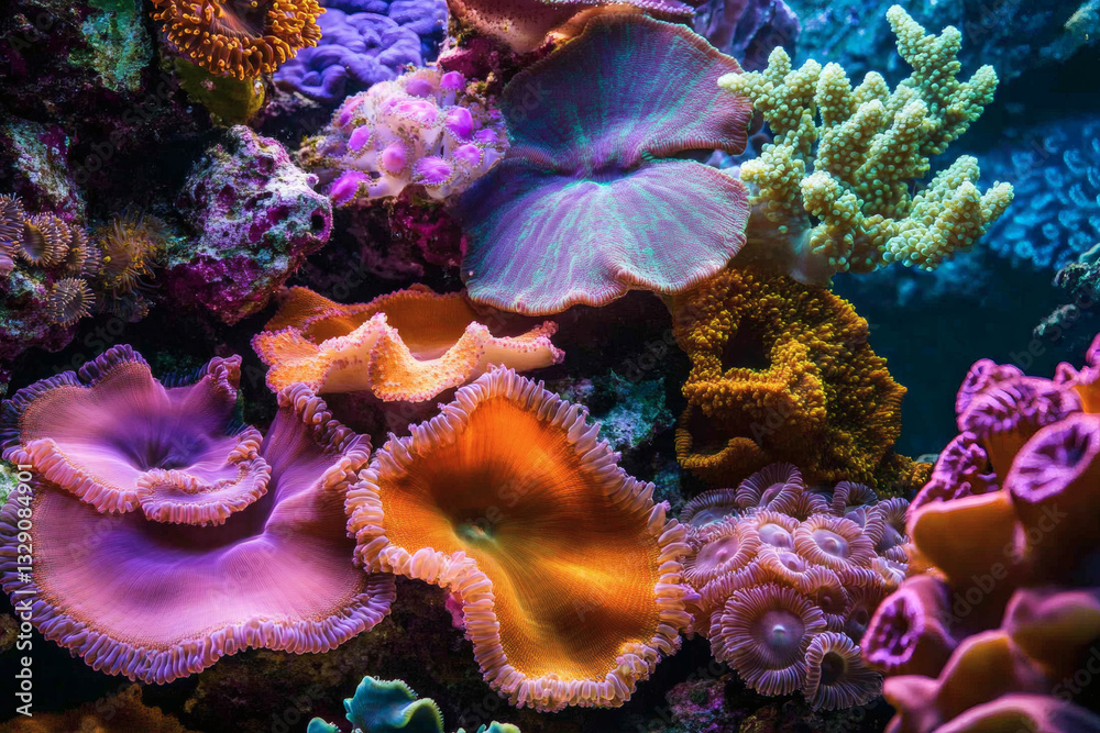 Obraz premium Awe-Inspiring Coral Reef Displaying Intricate Forms and Mesmerizing Hues Beneath the Ocean