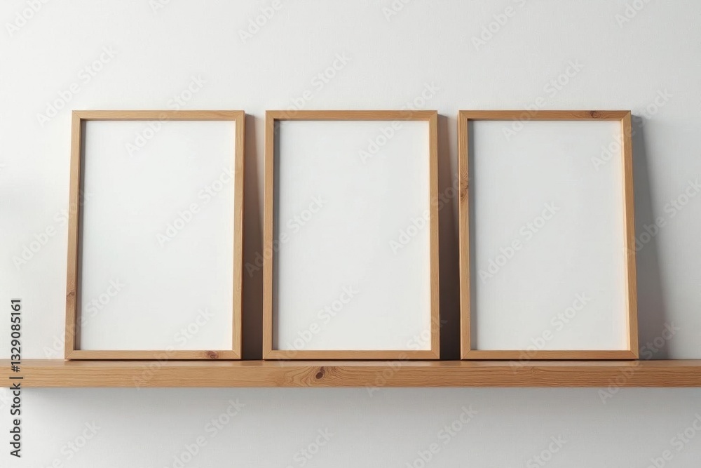 Modern wooden shelf with three blank picture frames, blank canvas, home styling Modern wooden shelf with three blank picture frames, blank canvas, home styling