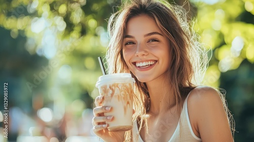 A young woman drinking iced coffee, smiling in a summer setting