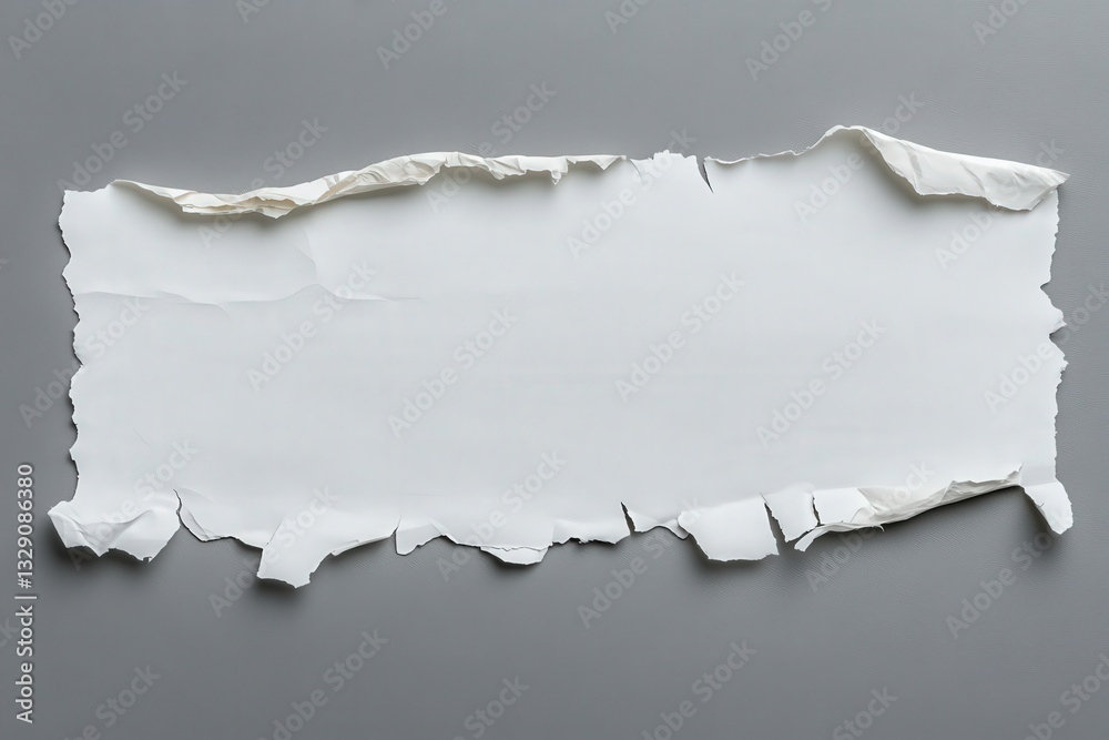 A piece of torn paper casting a shadow on a textured gray background A piece of torn paper casting a shadow on a textured gray background
