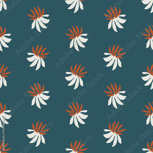 Seamless floral abstract pattern with stylized hand-drawn flowers in white and orange on deep blue background, modern artistic digital design for textile, wallpaper, fashion, and home decor