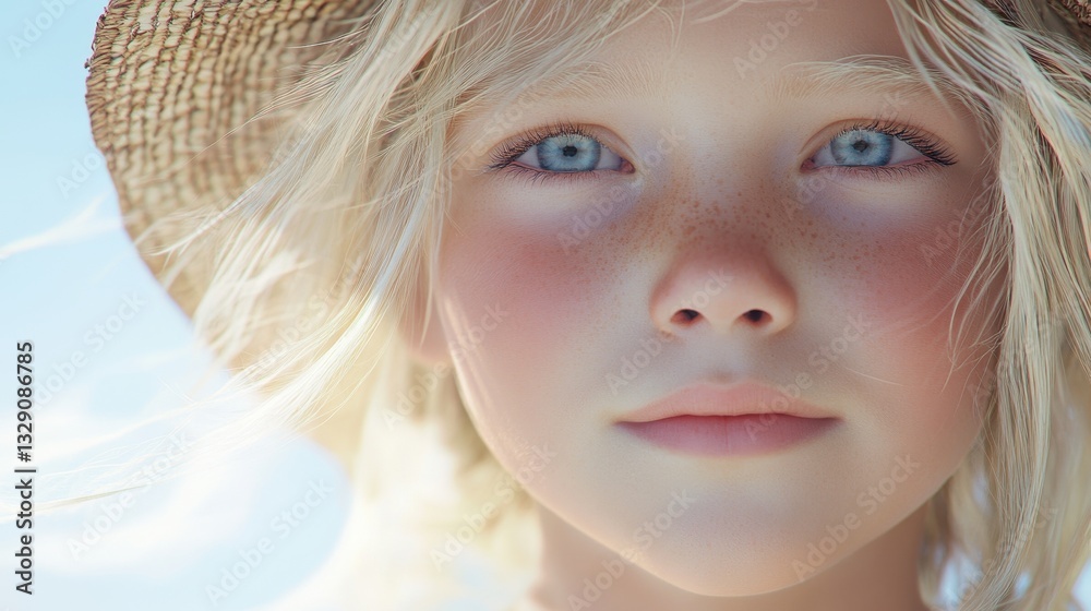 A fair-skinned child with light platinum hair smiles softly, wearing a straw hat. Bright sunlight illuminates their face, creating a serene and cheerful atmosphere. A fair-skinned child with light platinum hair smiles softly, wearing a straw hat. Bright sunlight illuminates their face, creating a serene and cheerful atmosphere.