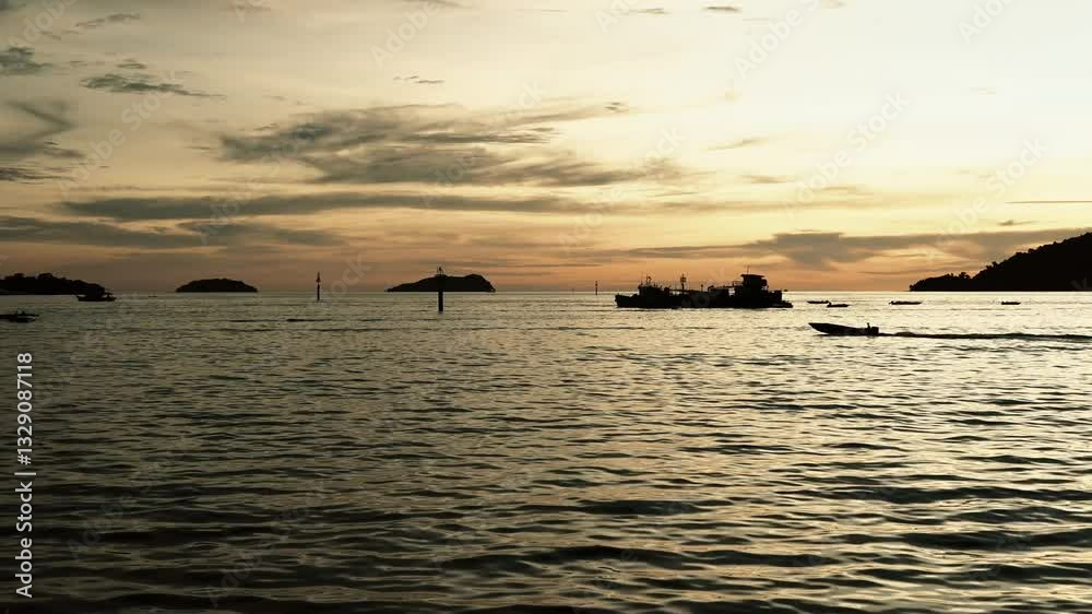 Beautiful Summer Sunset At Waterfront Seafood Night Market Sabah,Boat,Island,Jetty And Seafood Eateries,Kota Kinabalu,Malaysia.