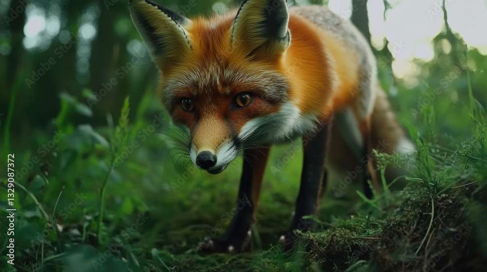 Fototapeta premium Fox walking in forest clearing, with red fur and alert expression.