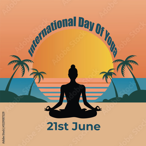 International Yoga Day,  yoga body posture,  woman meditating on beach Template vector Design