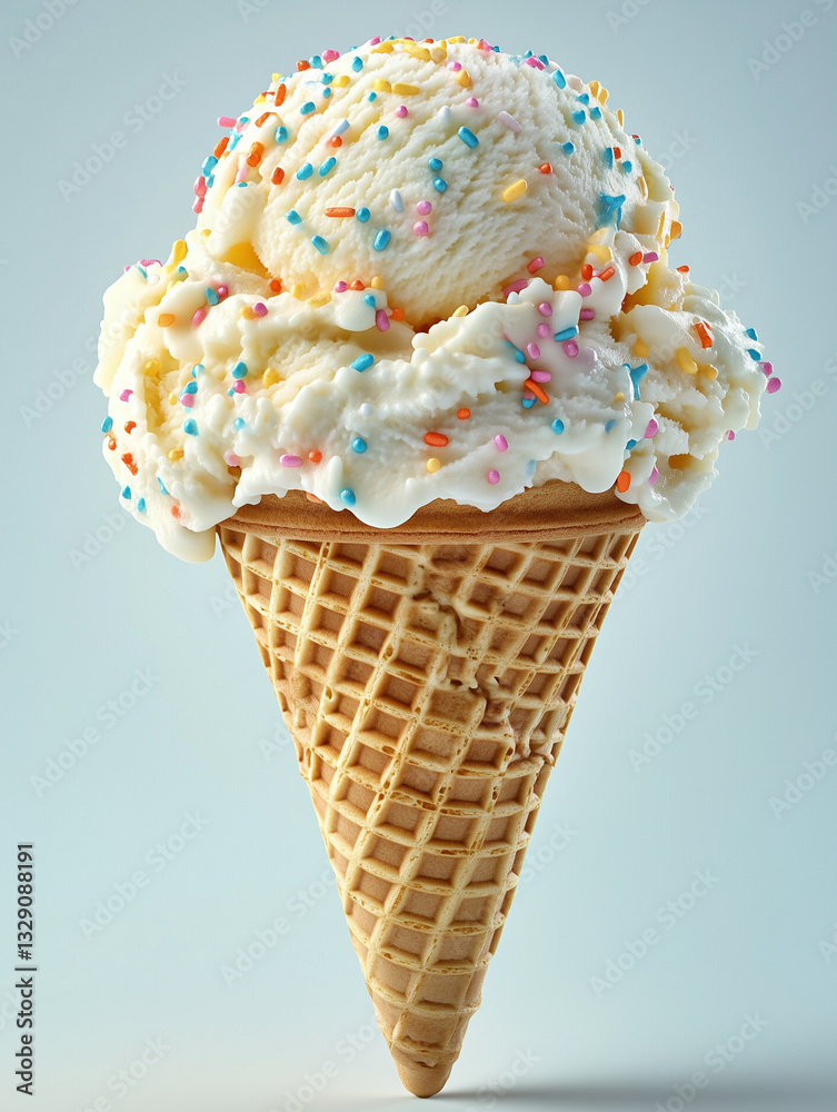 Vanilla ice cream with sprinkles in a cone, sweet and fun frozen treat Vanilla ice cream with sprinkles in a cone, sweet and fun frozen treat