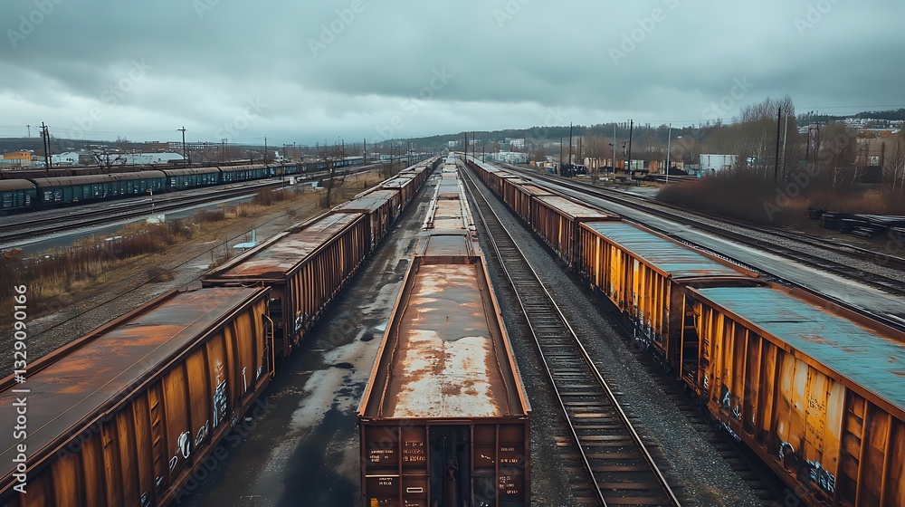 Fototapeta premium Train Cars on Tracks Under Overcast Sky in Industrial Area