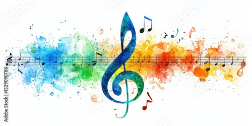 A vibrant watercolor scene features a central treble clef surrounded by a kaleidoscope of rainbow hues, drawing viewers into its musical allure