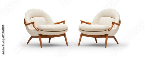 Pair of Mid Century Modern Armchairs with Off White Patterned Upholstery and Light Brown Wooden