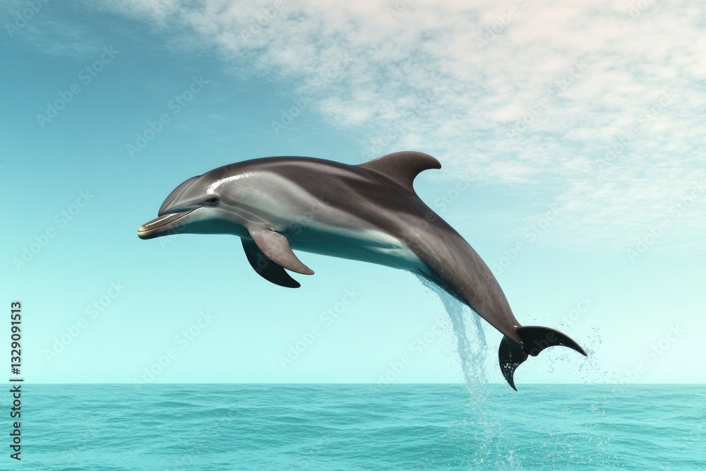Fototapeta premium Dolphin gracefully leaps above calm ocean waters under bright sk