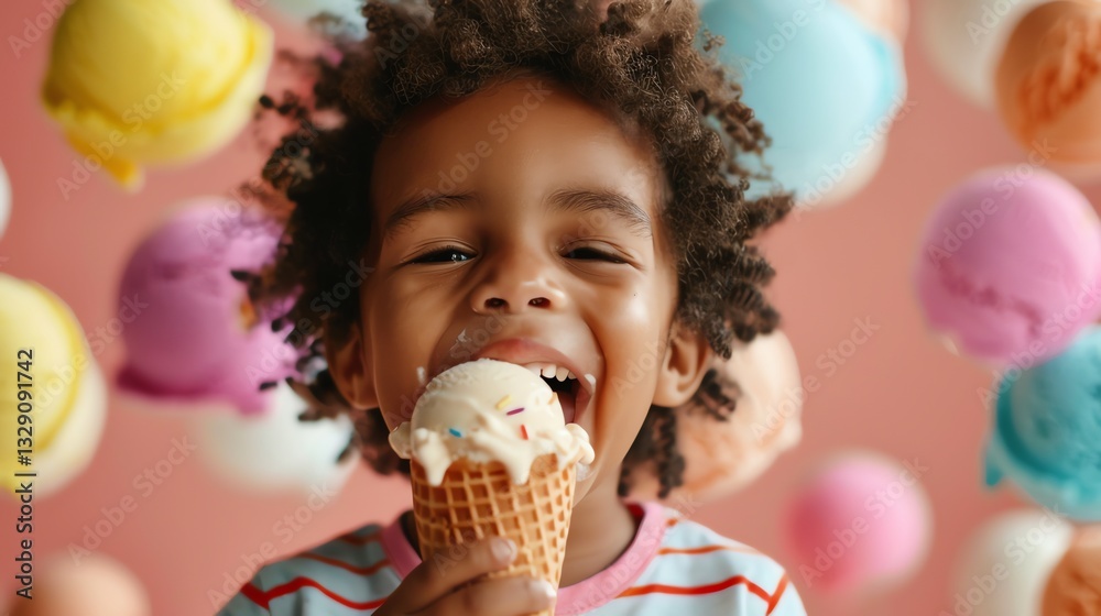 Naklejka premium A young boy with curly brown hair laughs with joy while eating an ice cream cone.