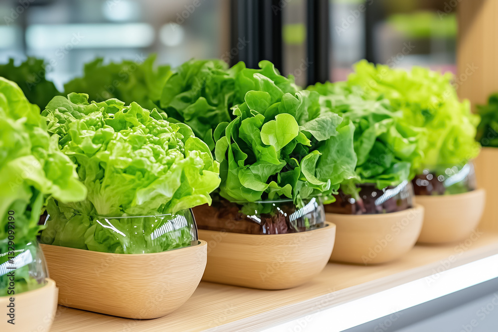 Rows of vibrant green lettuce varieties are cultivated in sleek wooden pots, showcasing sustainable urban gardening. This setting emphasizes fresh produce and eco-friendly practices Rows of vibrant green lettuce varieties are cultivated in sleek wooden pots, showcasing sustainable urban gardening. This setting emphasizes fresh produce and eco-friendly practices