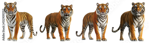 Four Realistic Tigers in Various Poses against a Plain Background, Isolated on Transparent Background