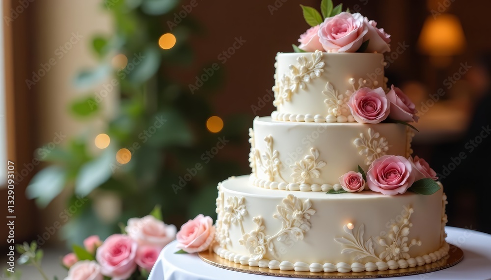Fototapeta premium Exquisite and elegant wedding cake with intricate designs, delicious, luxury